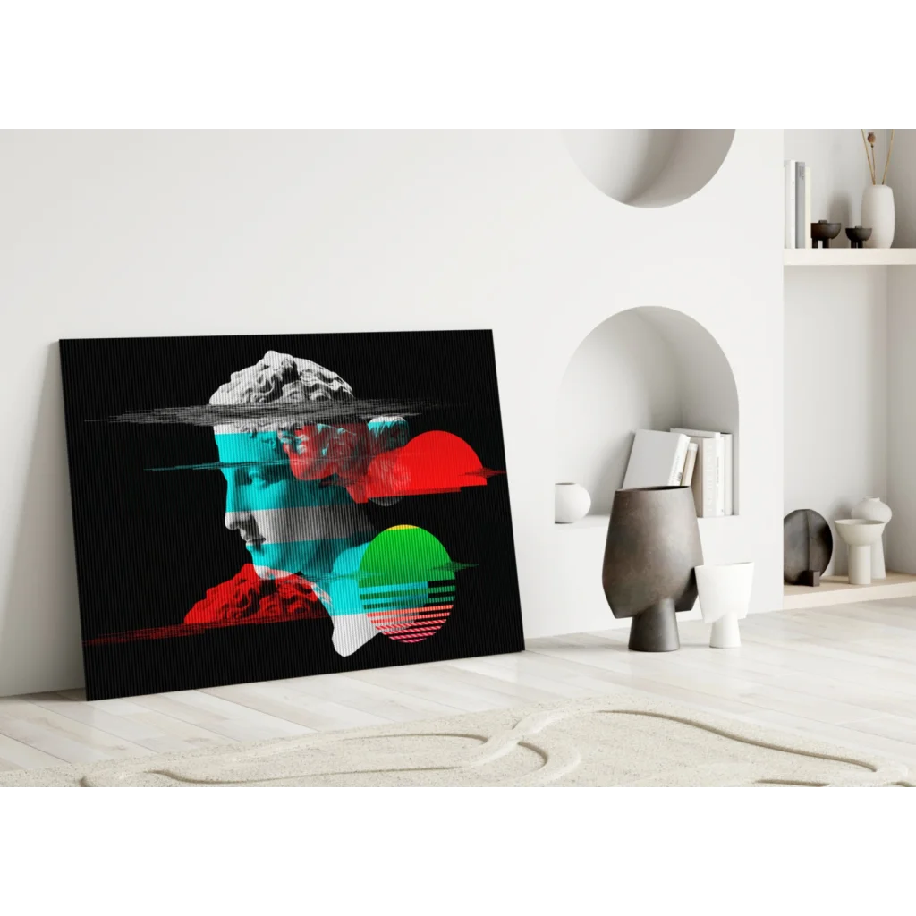 Surreal glitch art portrait canvas wall art with neon geometric overlays