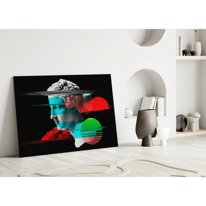 Surreal glitch art portrait canvas wall art with neon geometric overlays