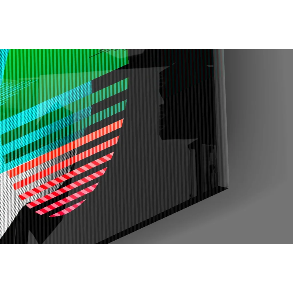 Sleek black gaming console in glitch art wall art with neon stripes