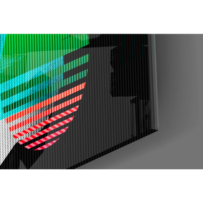Sleek black gaming console in glitch art wall art with neon stripes