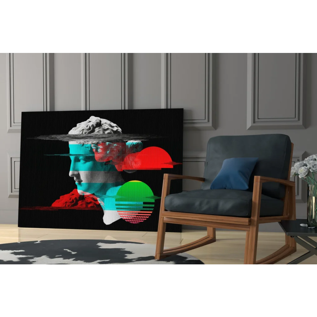 Surreal glitch art portrait canvas wall art with neon geometric overlays