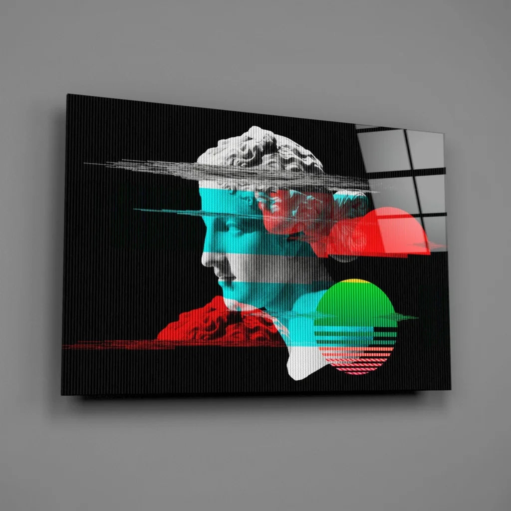 Vibrant glitch art portrait canvas wall art with neon teal red overlays