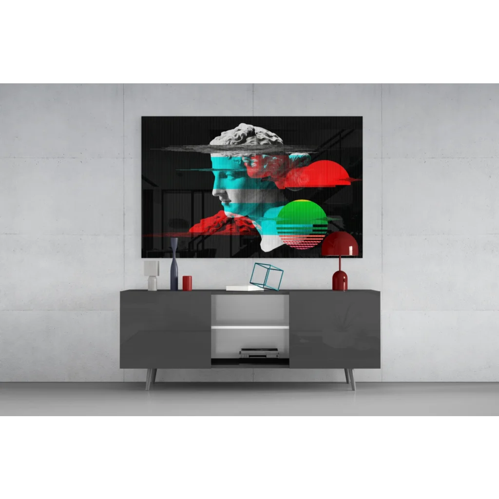 Bold glitch art portrait wall art with neon geometric overlays on canvas