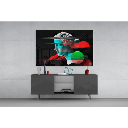 Bold glitch art portrait wall art with neon geometric overlays on canvas