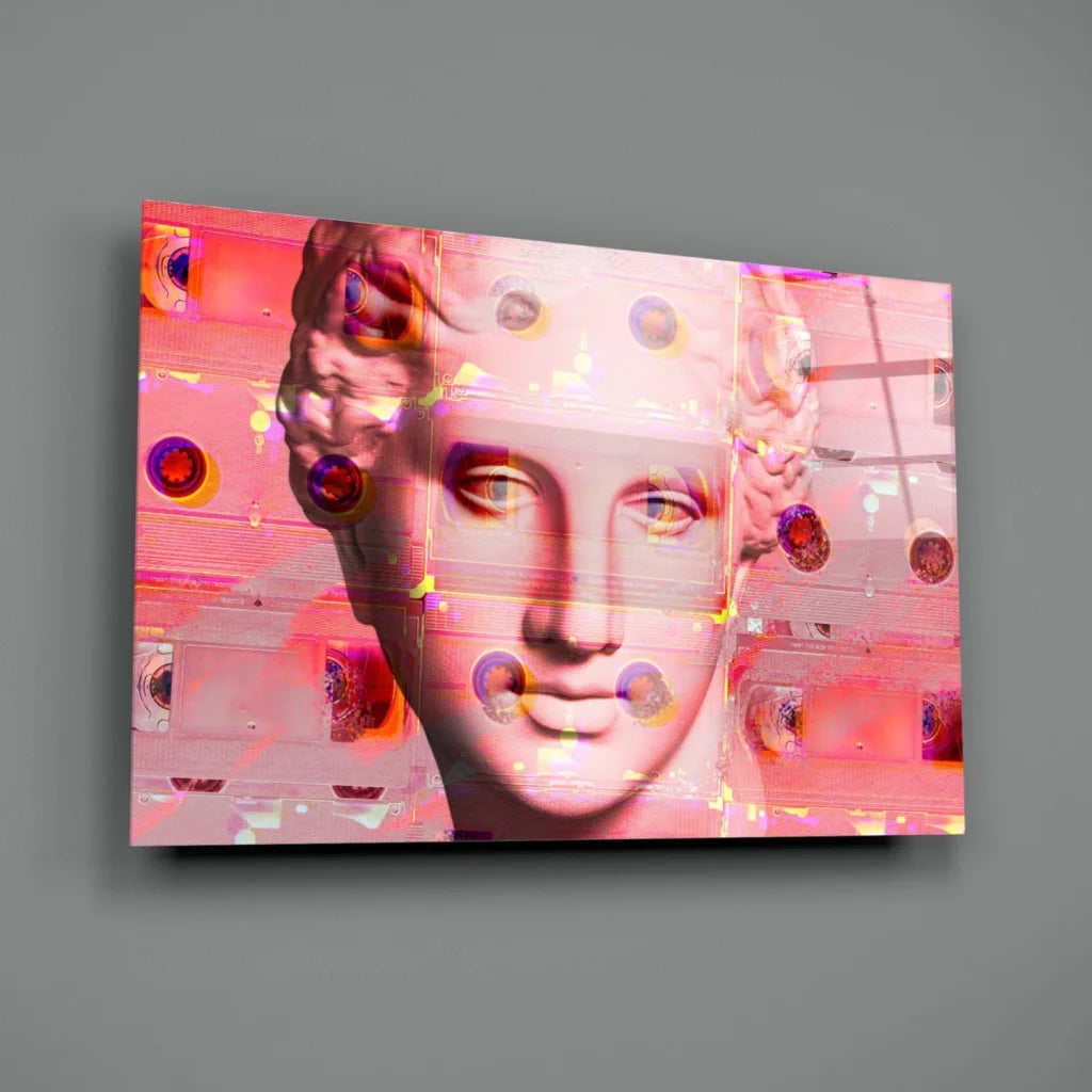 Glitch pink marble bust glass wall art canvas print with vibrant digital effects