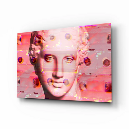Vibrant pink cassette tape collage with marble bust glass wall art print