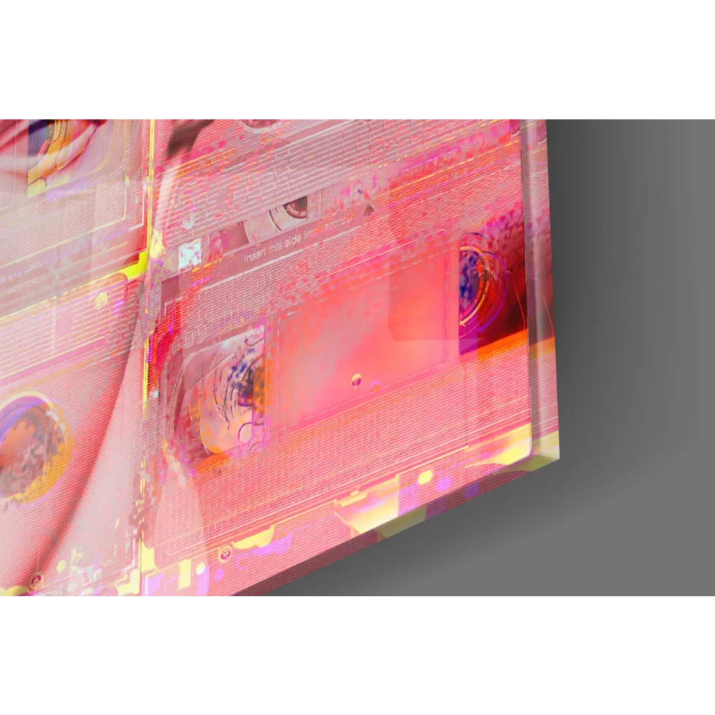 Vibrant pink orange holographic cassette tape glass wall art canvas print
