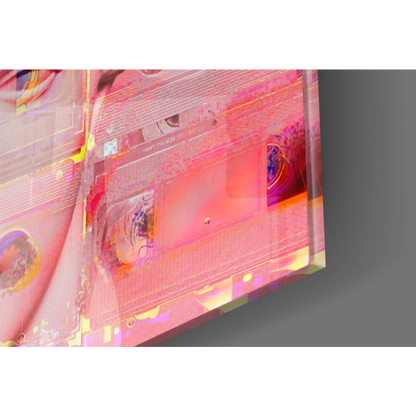 Vibrant pink orange holographic cassette tape glass wall art canvas print
