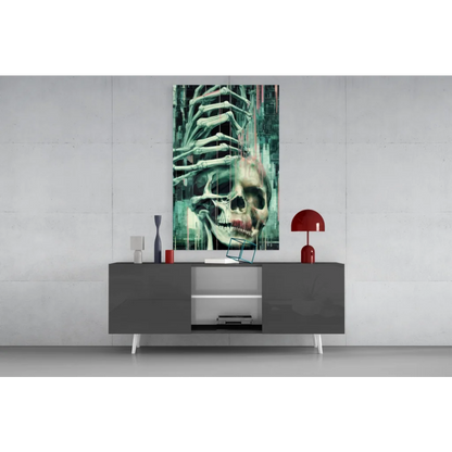 Glitch Skull Glass Wall Art: Skeletal Hand Grips Skull on Teal Cyberpunk Background