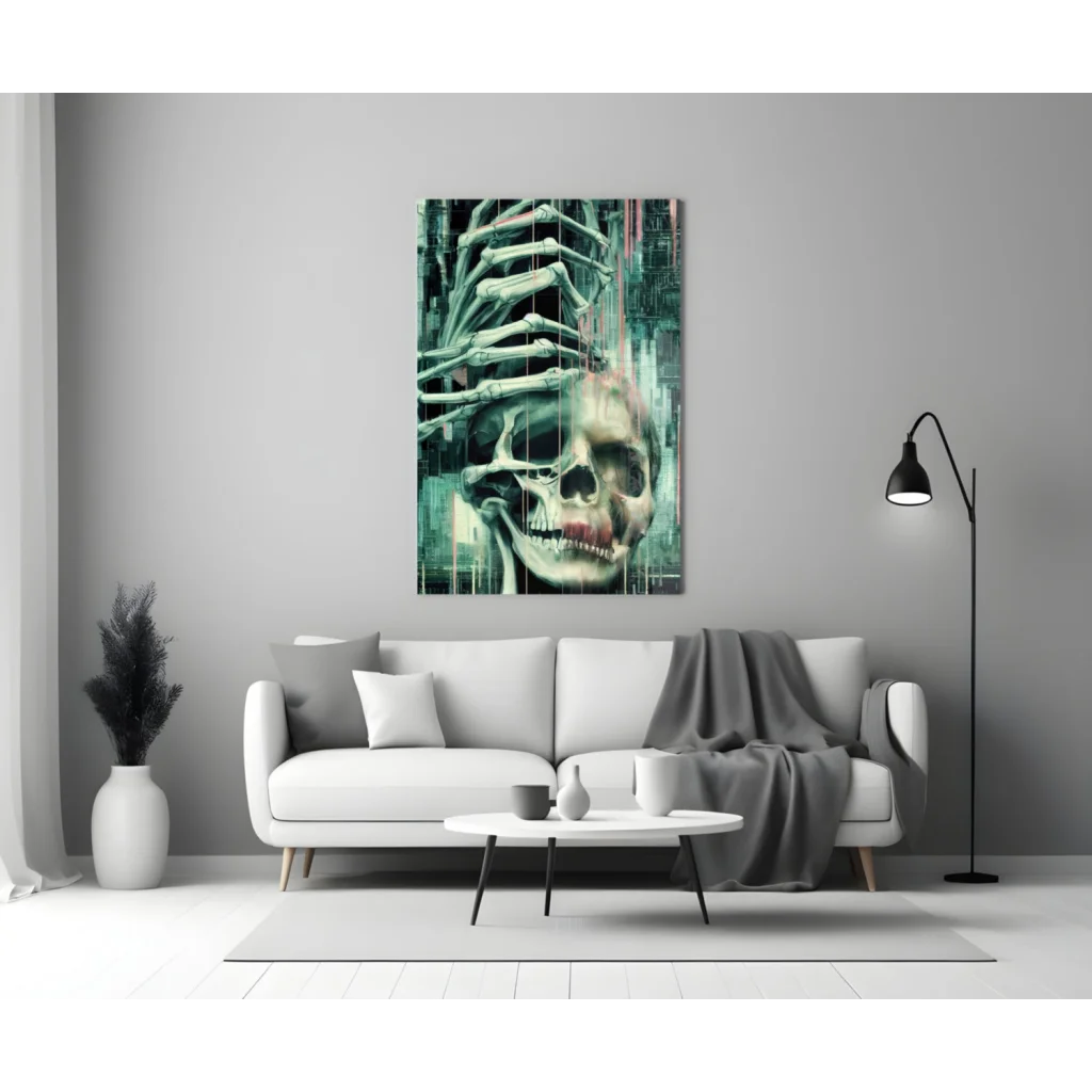 Glitch skull glass wall art with skeletal hand gripping face in teal green cyberpunk vibes