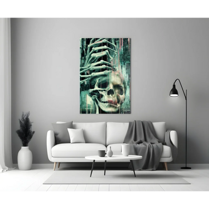 Glitch skull glass wall art with skeletal hand gripping face in teal green cyberpunk vibes