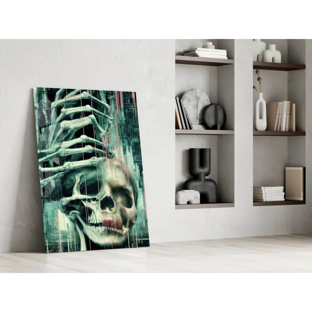 Teal black glitch skull glass wall art with skeletal hand gripping skull