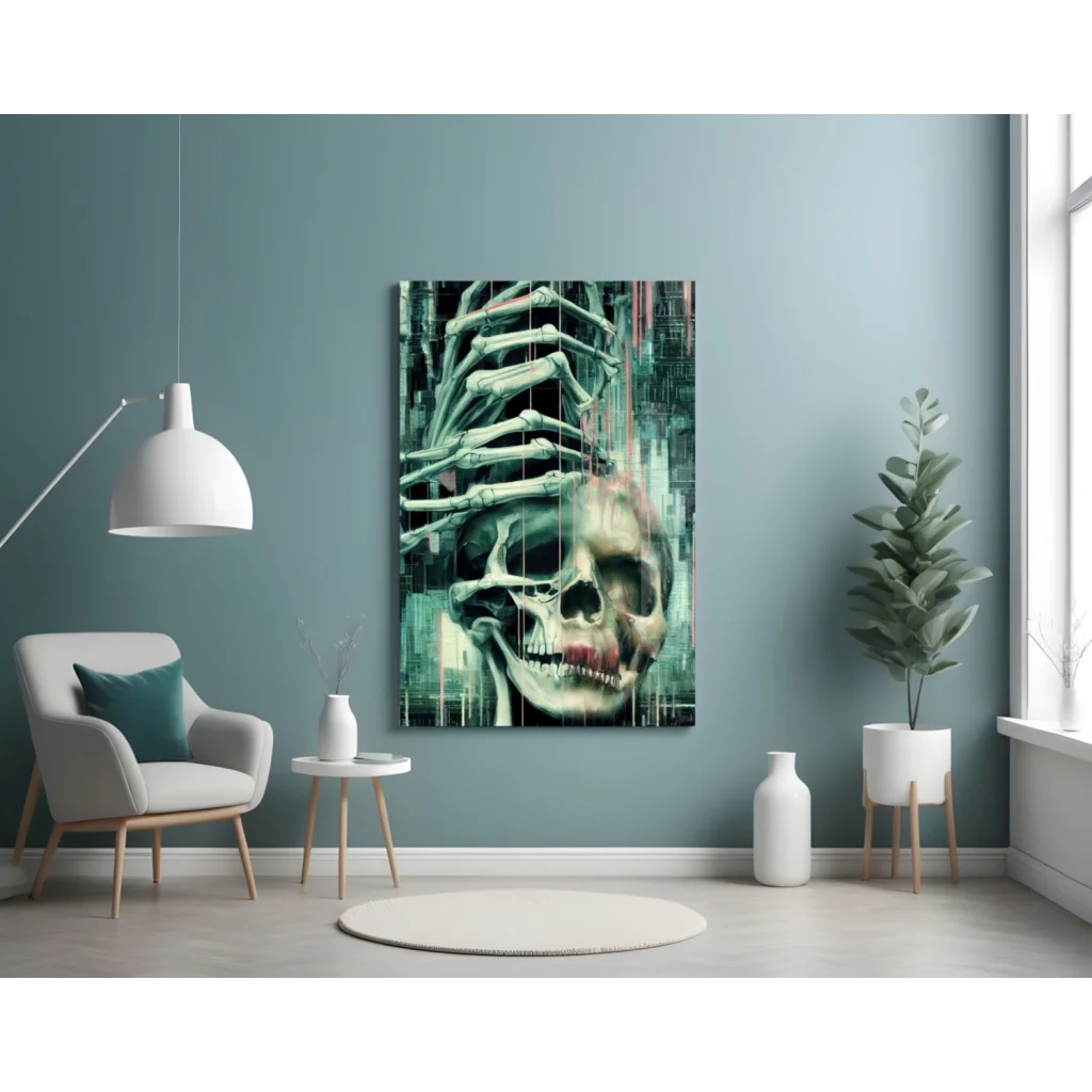 Glitch Skull glass wall art with cyberpunk teal vibes and skeletal hands