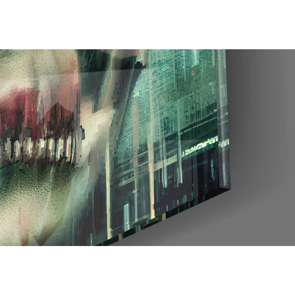Glitch skull glass wall art in cyberpunk teal vibes with pixelated cityscape