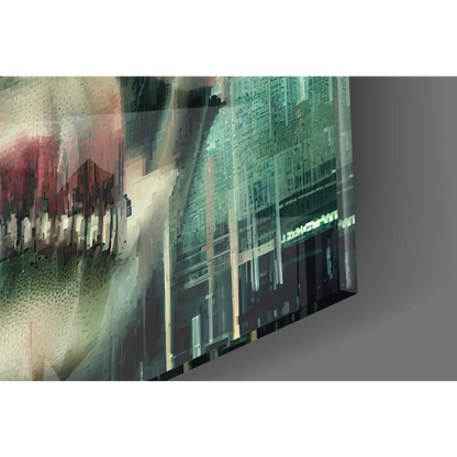 Glitch skull glass wall art in cyberpunk teal vibes with pixelated cityscape