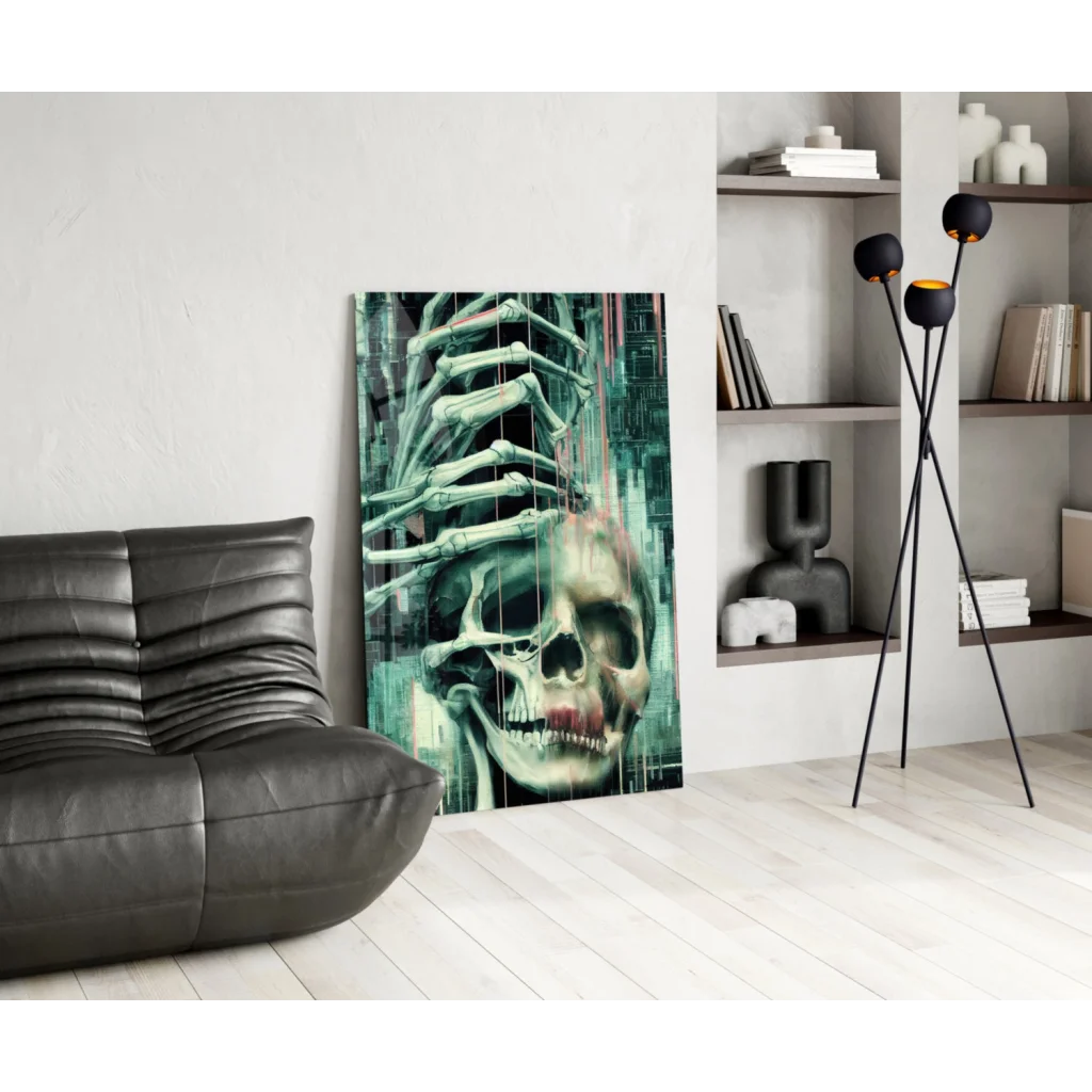 Glitch skull glass wall art with cyberpunk teal skeletal hand gripping skull