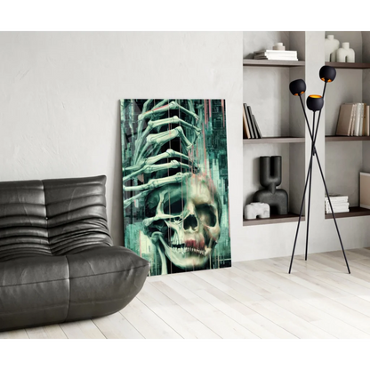 Glitch skull glass wall art with cyberpunk teal skeletal hand gripping skull