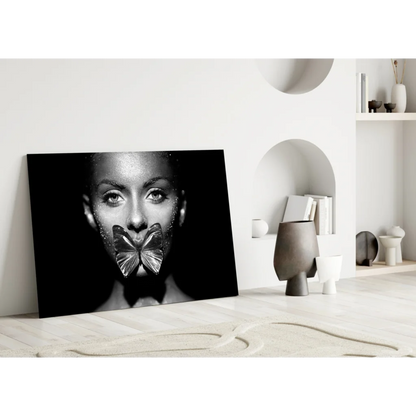 Black-and-white glitter butterfly kiss glass wall art canvas print