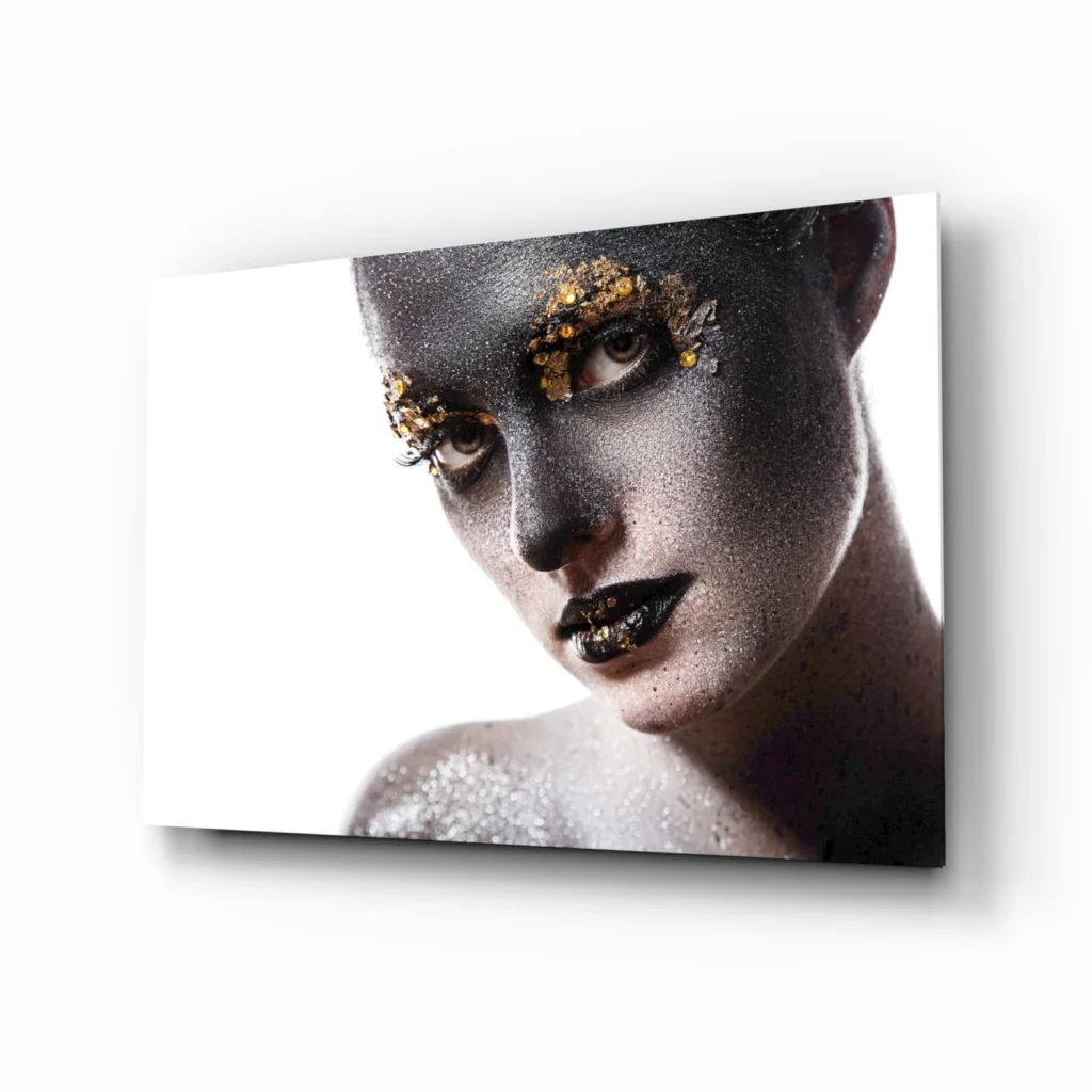 Black and gold glitter face portrait on glass wall art canvas print