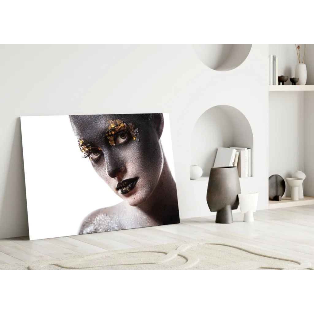 Striking black-and-gold glittering gold portrait glass wall art canvas print