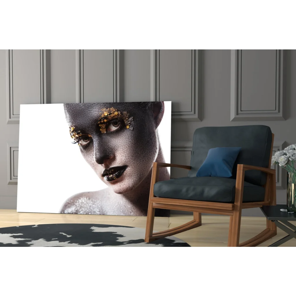 Striking black-and-gold woman portrait glass wall art canvas print