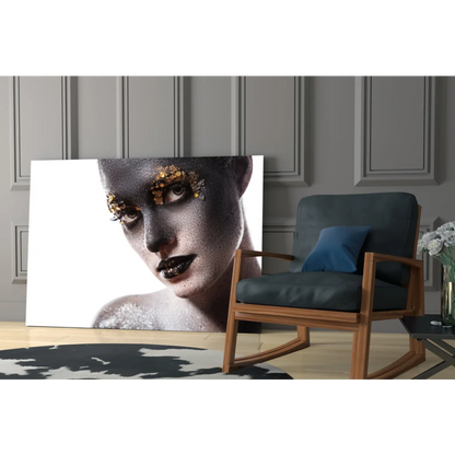 Striking black-and-gold woman portrait glass wall art canvas print