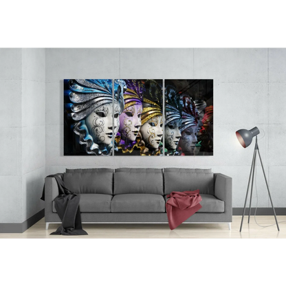 Vibrant glittering Venetian mask triptych wall art in metallic blue hues