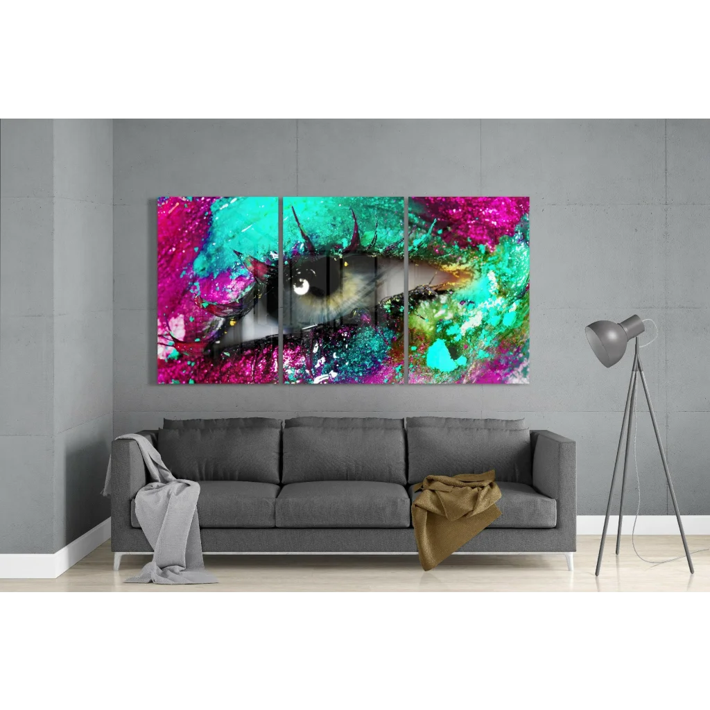 Vibrant Glittery Eye Splash tri-panel canvas wall art with pink, teal, magenta eye on dark iris