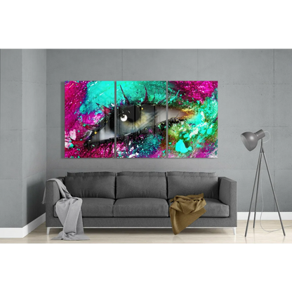 Vibrant Glittery Eye Splash tri-panel canvas wall art with pink, teal, magenta eye on dark iris