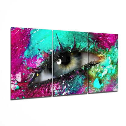 Vibrant glittery eye splash triptych wall art canvas
