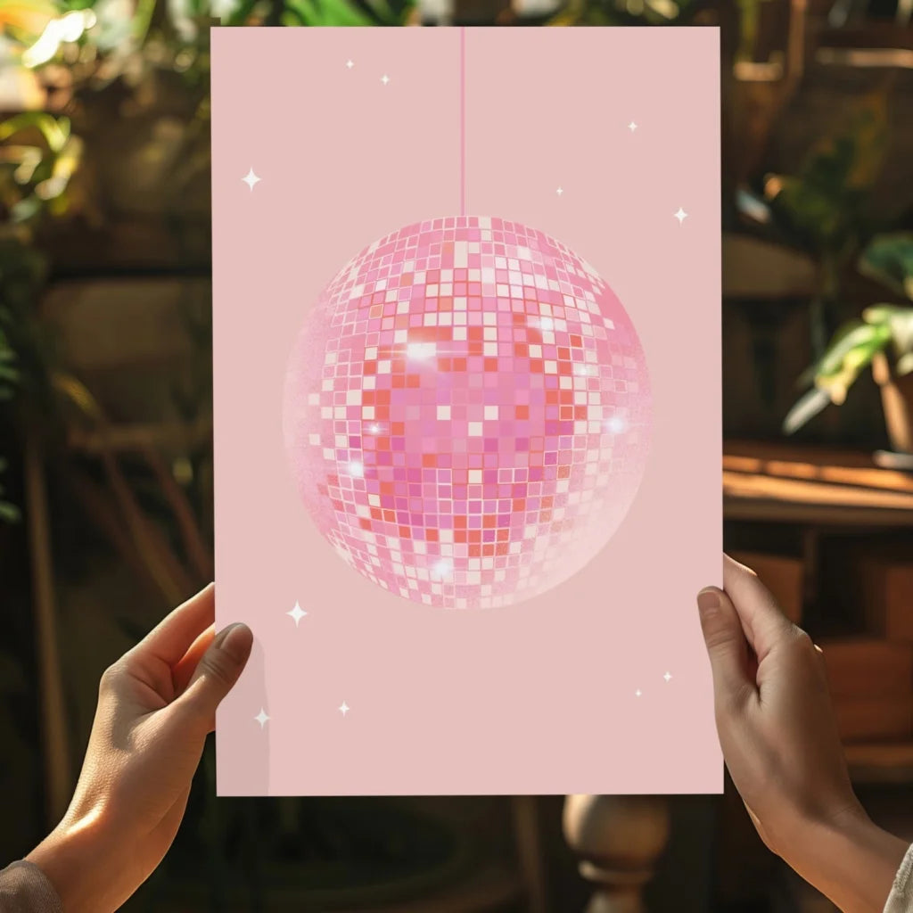 Glittery pink disco ball canvas print with star accents and hanging string