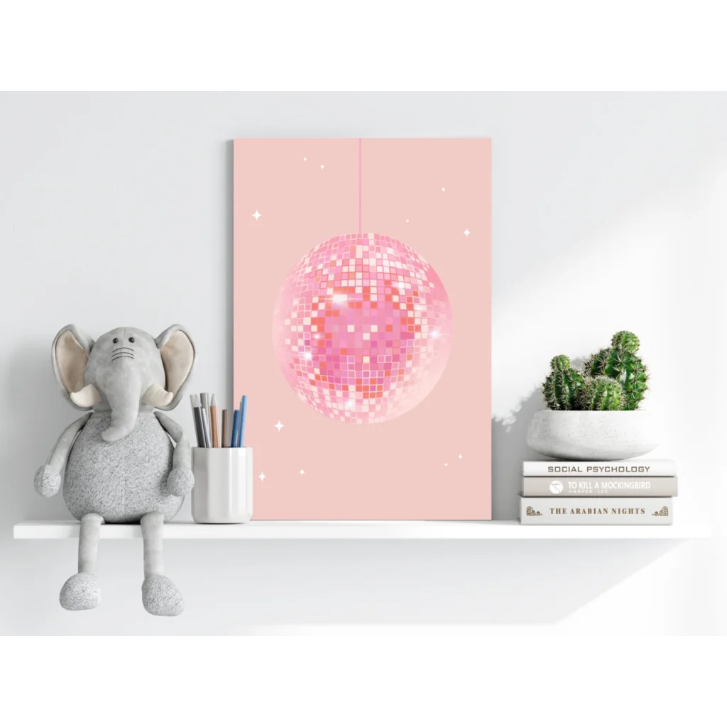 Glittery pink disco ball canvas print with star accents and hanging strings