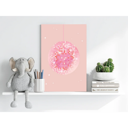 Glittery pink disco ball canvas print with star accents and hanging strings