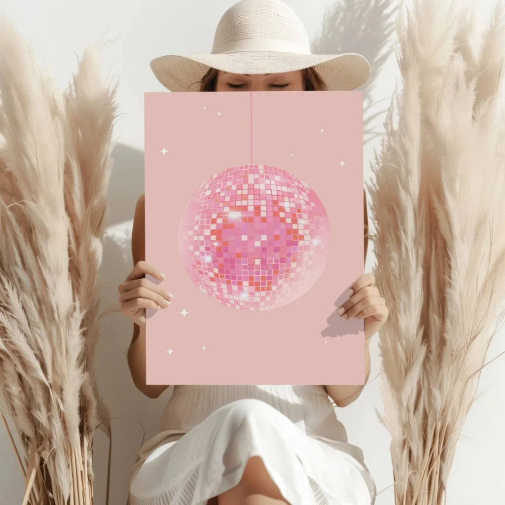 Glittery pink disco ball canvas print with star accents and mosaic design