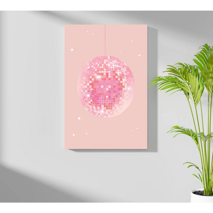 Glittery pink disco ball canvas print with star accents and sequins