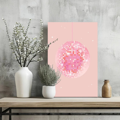 Glittery pink disco ball canvas print with star accents and chain