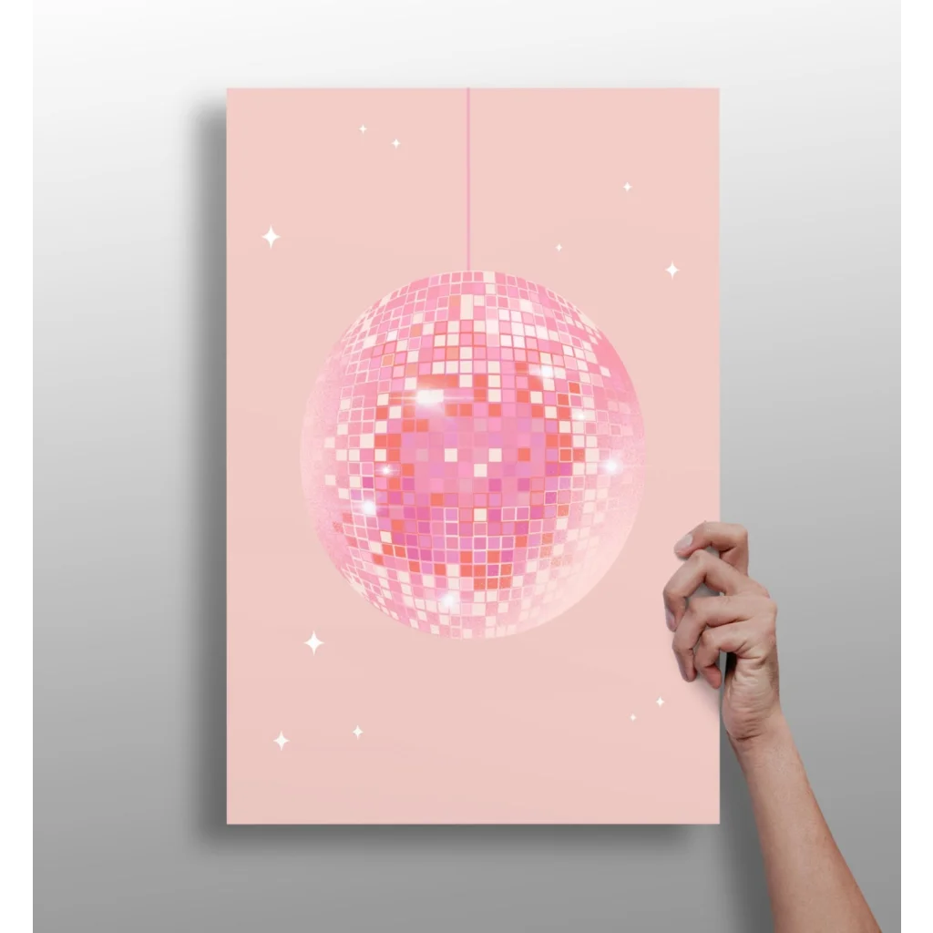 Glittery pink disco ball canvas print with star accents and hanging string