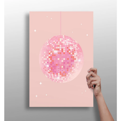 Glittery pink disco ball canvas print with star accents and hanging string