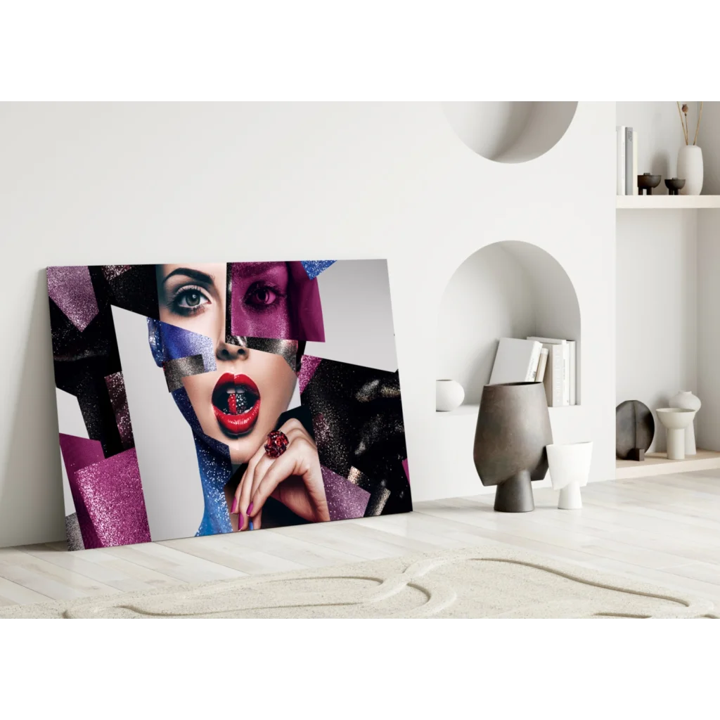 Vibrant abstract woman portrait glass wall art with red lips and glittery purple blue geometric overlays