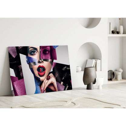 Vibrant abstract woman portrait glass wall art with red lips and glittery purple blue geometric overlays