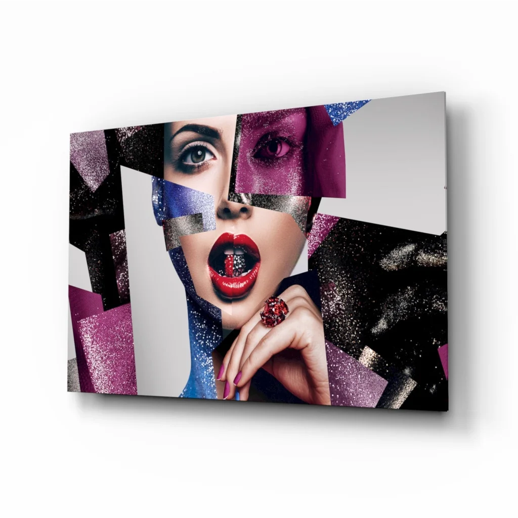 Vibrant abstract woman portrait glass wall art with red lips and glittery purple geometric overlays