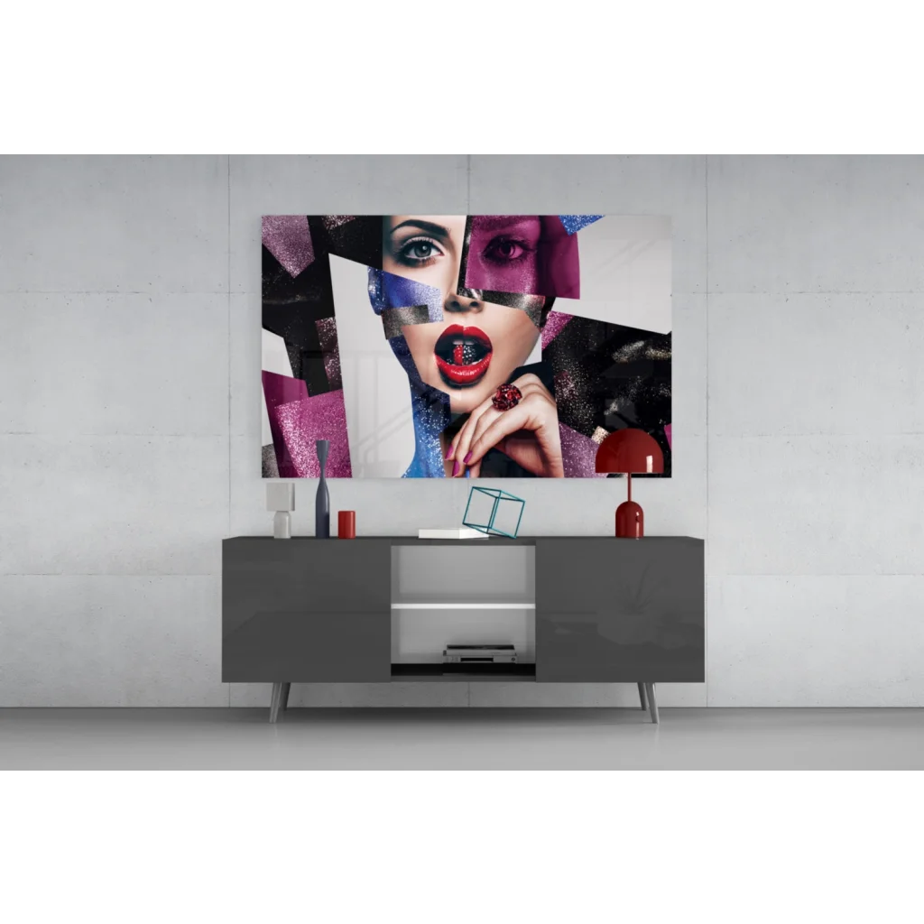 Bold glittery purple geometric woman portrait glass wall art canvas