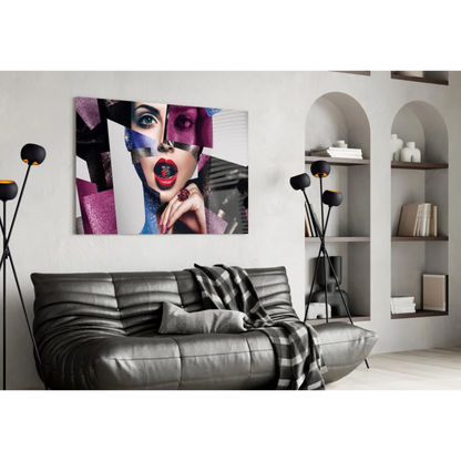 Vibrant abstract glass wall art portrait of woman with red lips and purple geometric patterns