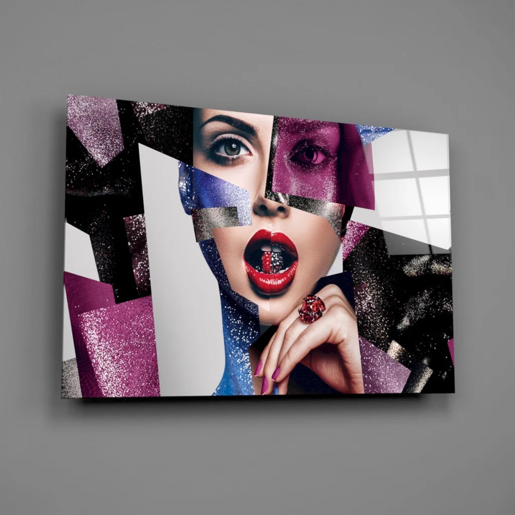 Vibrant abstract woman portrait glass wall art with red lips and purple geometric shards