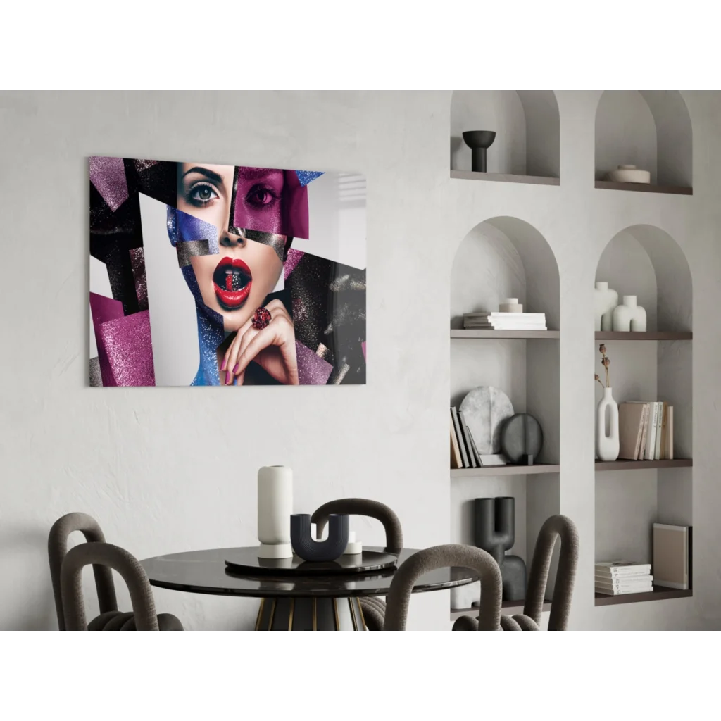 Vibrant purple geometric portrait glass wall art with bold red lips