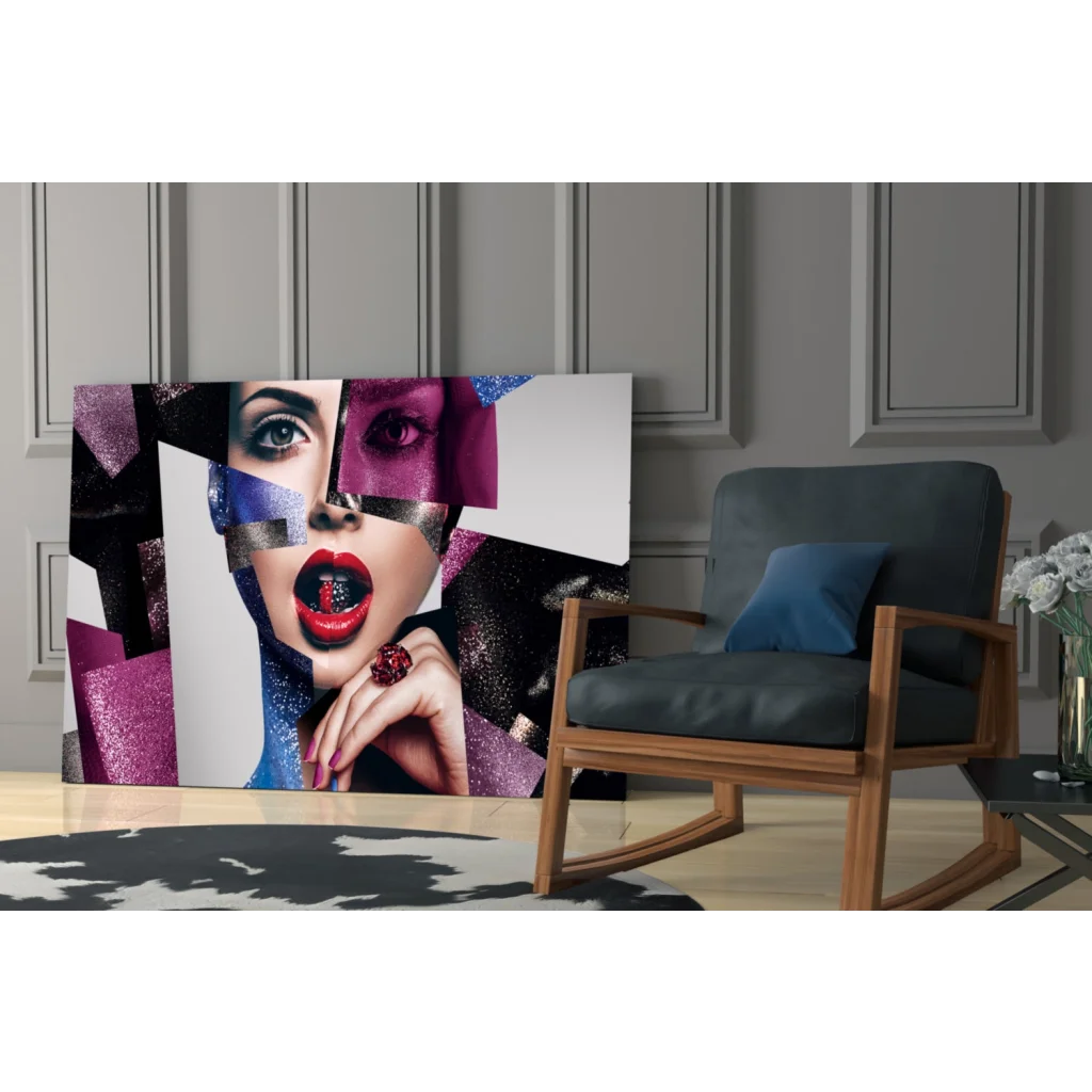 Vibrant pop-art glass wall art of womans face with red lips and purple geometric patterns