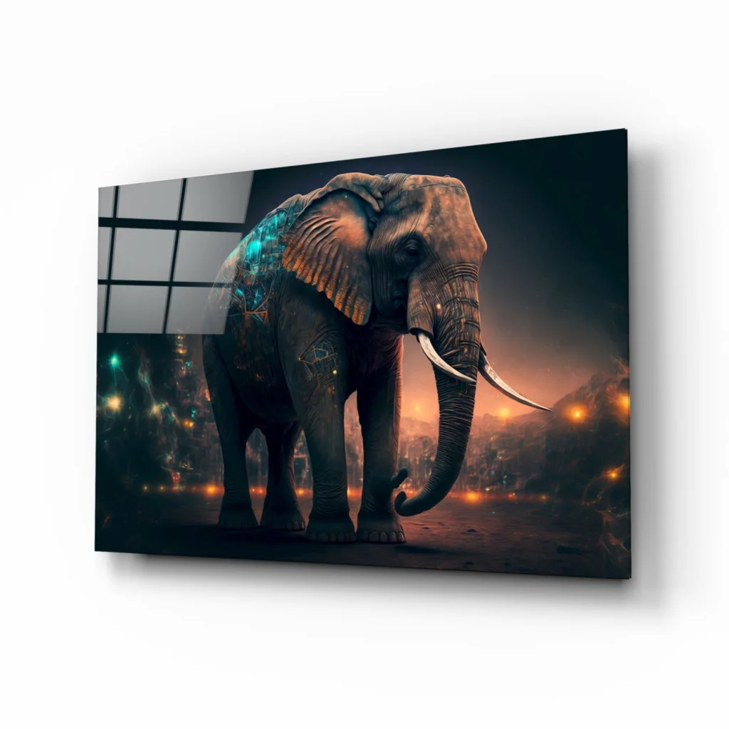 Glowing teal and gold elephant tattoos on glass wall art with city lights