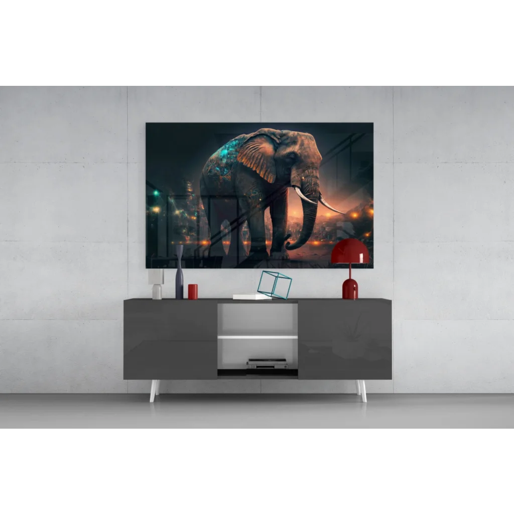 Majestic glowing elephant glass wall art with futuristic city lights