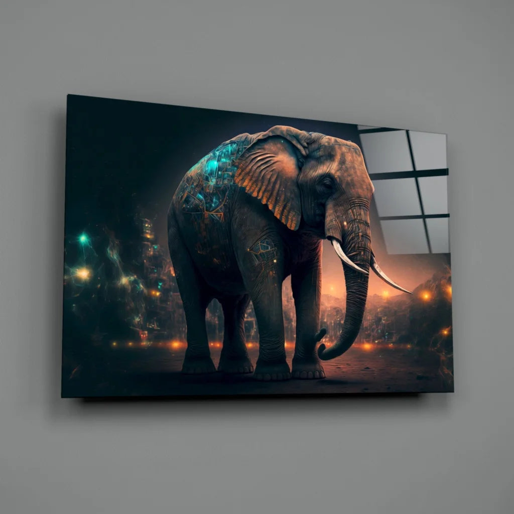 Glowing elephant glass wall art with futuristic city lights