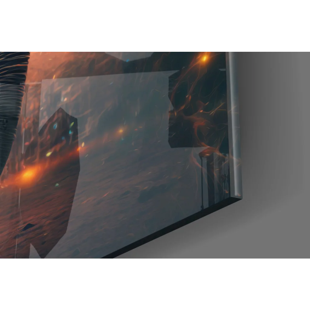 Sleek monitor displaying cosmic scene in Glowing Elephant glass wall art